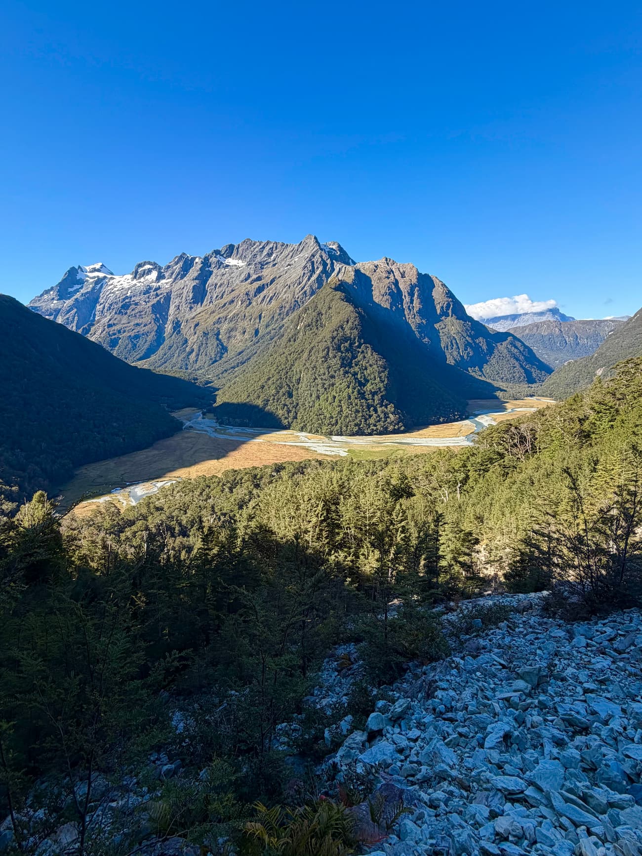 Canonical Routeburn Track valley view with the Humboldt mountains in the distance